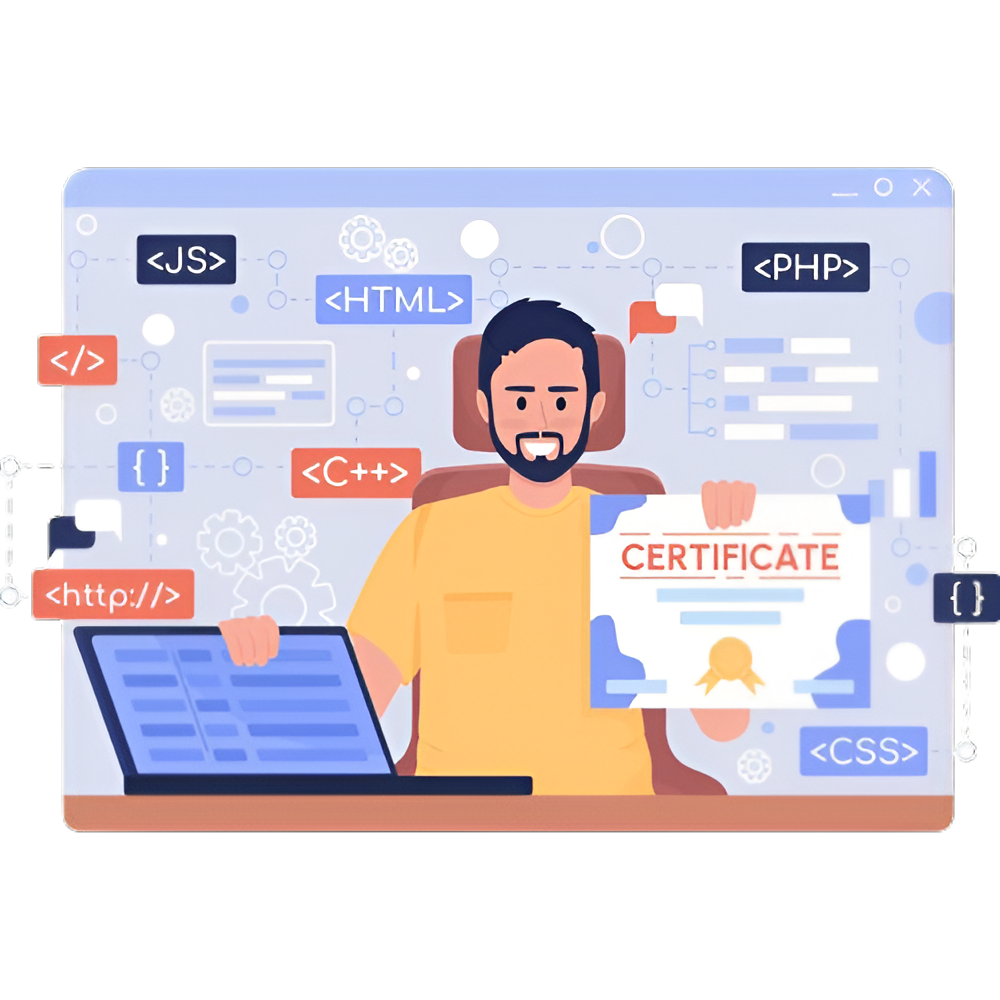 Illustration of a programmer holding a certificate with coding elements in the background.
