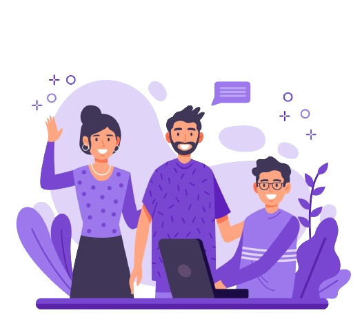 Illustration of three smiling people working together on a laptop.