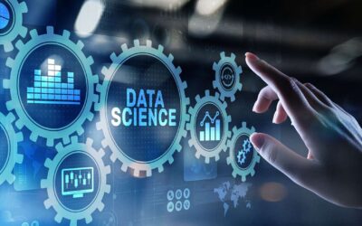 Hand interacting with virtual gears labeled Data Science.