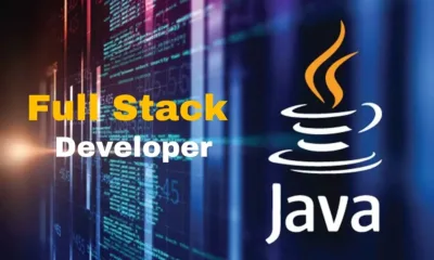 Java logo with the text Full Stack Developer over a background of digital code.