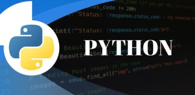 Python programming language logo with background code snippets.